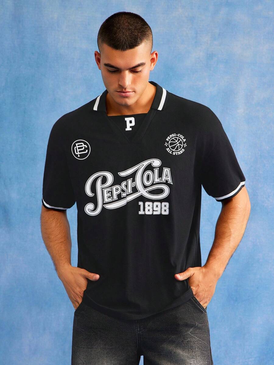 PEPSI X SHEIN 男士字母图案休闲短袖T恤，夏季 - 黑色 - 查看 1