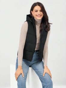 Miaspire 拉链斜口袋黑色连帽无袖棉服大衣 - 黑色 - 查看 4