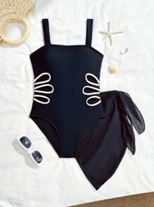 Tween Girl Laser Cutout One-Piece Swimsuit With Cover-Up & Mini Skirt Set - Black - View 3