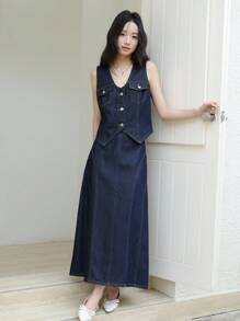 SHEIN Unity Chân váy denim trơn dáng thẳng màu tối màu dùng hàng ngày cho nữ Chân váy denim dài màu xanh đậm Chân váy jean dài - Rửa tối - Xem 3