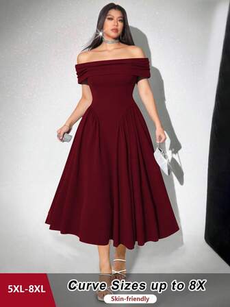 SHEIN CURVE+ 大码露肩优雅酒红色中长款 A 字形连衣裙，适合婚礼的长款礼服