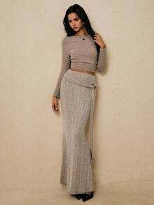 Poéselle Women's Solid Color Elastic Waist Ribbed Skirt - Apricot - View 7