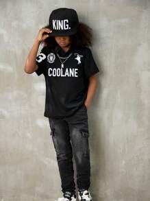 Coolane Kids 青少年春夏前扣短袖字母印花休闲 Polo 衫 - 黑色 - 查看 2