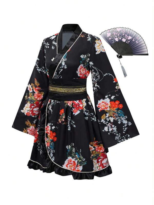 Irokai Kimono/vestaglia con scollo a V sovrapposto, maniche a campana e stampa floreale