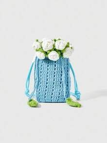 ROMWE Fairycore Fashion Contrast Color Rose Knit Tote Shoulder Bag - Blue - View 1