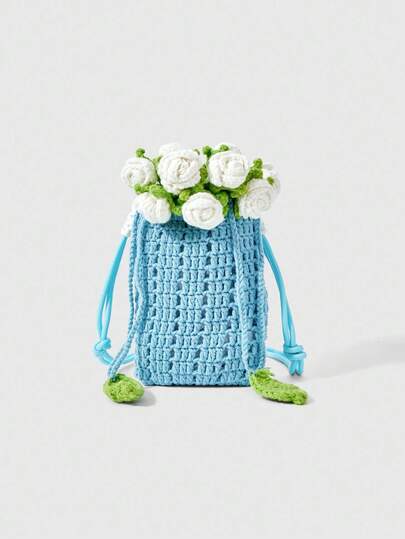 Fairycore Fashion Contrast Color Rose Knit Tote Shoulder Bag