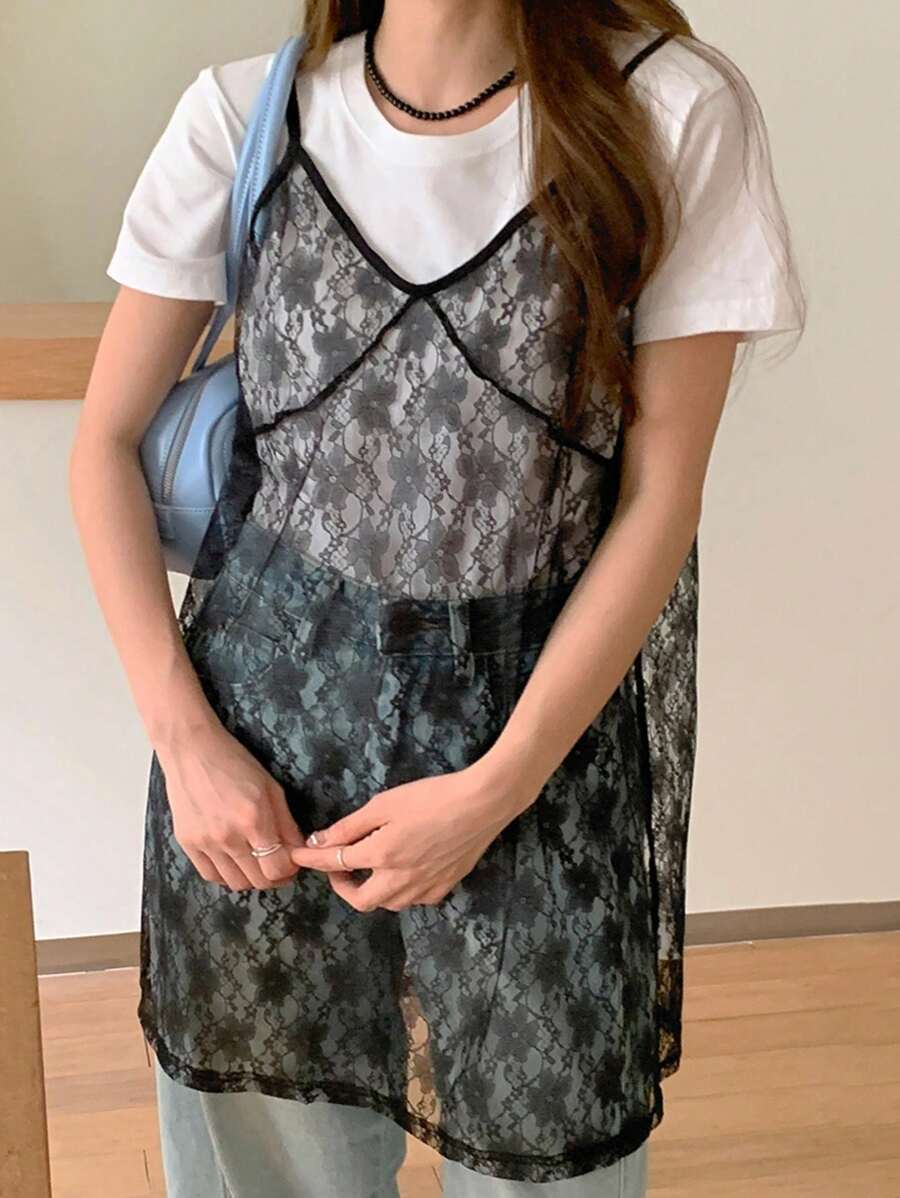 Dazy Plus 女士夏季透明蕾丝宽松长款吊带背心和吊带上衣 - 黑色 - 查看 1