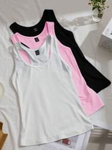 SHEIN EZwear 3 件套女士黑色、白色、粉色工字背心、瑜伽衫、宽肩带无袖健身上衣，适合夏季 - 彩色 - 查看 1