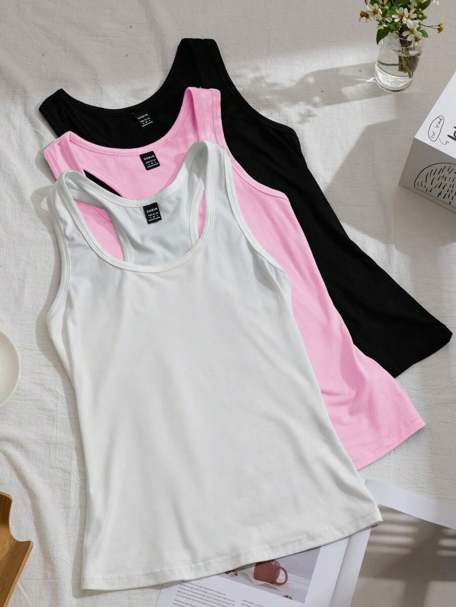 SHEIN EZwear 3 件套女士黑色、白色、粉色工字背心、瑜伽衫、宽肩带无袖健身上衣，适合夏季 - 彩色 - 查看 1