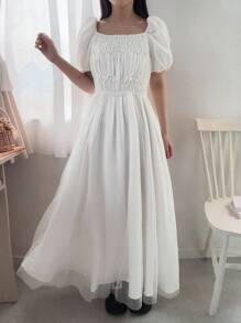 FRIFUL Women's Palace Style Princess Solid Color White Puff Sleeve Pearl Decor A-Line Mesh Vacation Dress - Beige - View 2