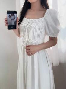 FRIFUL Women's Palace Style Princess Solid Color White Puff Sleeve Pearl Decor A-Line Mesh Vacation Dress - Beige - View 5