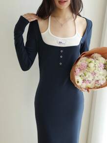 K-Vae Women's Elegant Navy Blue And White Knitted Maxi Dress,Long Sleeve Square Neck Button Slim-Fit Bodycon Dress,Autumn Everyday Chic For Brunch - Navy Blue - View 5