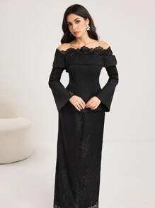 Modelyn Women's Contrast Lace Off-Shoulder Flare Sleeve Top And Skirt Elegant 2 Pieces Set Off Shoulder Formal Dress Long Sleeve Formal Dress Black Lace Formal Dress Elegant Black Dress,Women Stylish Casual Fall Autumn Outfits, Cute Vintage Modest Women Outfits, Back To School School Outfits, Back To School Dresses, Women Teacher Outfits,Fashionable Casual Elegant Women's Clothing, Autumn Women's Shirt Dresses, Women's Shirt Dresses With Straps, Dresses For Mom, Romantic Tops Party Wear - Black - View 6