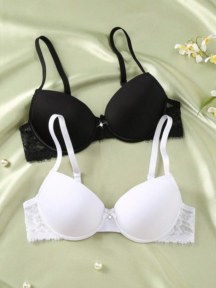 SHEIN Bộ 2 áo ngực ren thêu lãng mạn có gọng, nâng và nâng cao, hỗ trợ cho ngực nhỏ - Đen và trắng - Xem 1