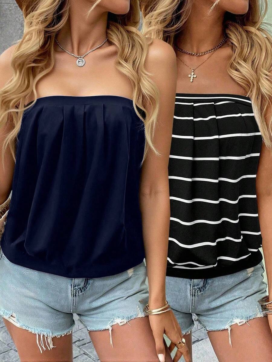 SHEIN LUNE 2 pièces Hauts camisole à enrouler pour femmes avec rayures et imprimés, ourlet froncé, design taille élastique. Hauts polyvalents pour le casual, les fêtes et les vacances. Convient pour l'été - Multicolore - Voir 1