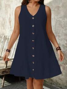 SHEIN PETITE Große Größen Ärmelloses Kleid mit V-Ausschnitt aus strukturiertem Stoff