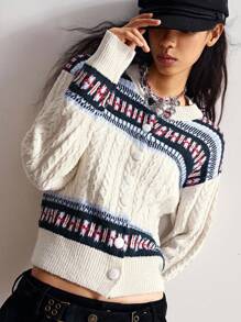 Bohemela 费尔岛针织复古纽扣宽松开衫 - 杏色 - 查看 11