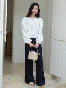 K-Vae 女士白色秋季圆领优雅通勤长袖套头衫，韩版秋季，返校季，教师，老钱风 - 白色 - 查看 4