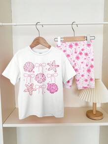 SHEIN 2 件套青少年女孩休闲贝壳、蝴蝶结、花卉印花短袖 T 恤和短裤套装，适合夏季度假氛围 - 彩色 - 查看 3