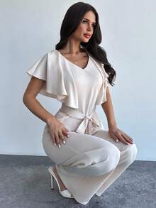 Firerie Women's Elegant Minimalist Delicate Romantic V-Neck Ruffle Belted Waist A-Line Hem Shirt Blouse & High Waist Long Pants Apricot 2 Pieces Suit Set, Suitable For Daily, Commute, Vacation - Apricot - View 1