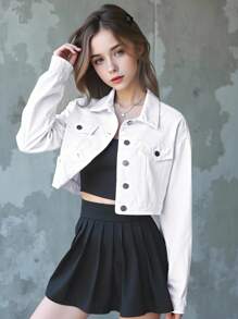 SHEIN 少女牛仔外套，新款秋冬白色短款牛仔夹克，休闲时尚，舒适修身牛仔面料，适合日常和上学穿着的少女休闲短款牛仔夹克，时尚经典，百搭百搭 - 白色 - 查看 9