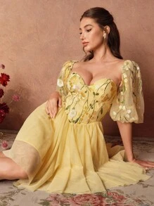 SHEIN Unity Women's Square Neck Puff Sleeve Embroidered Floral Short Dress, Spring/Summer - Yellow - View 5