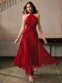 Anewsta 性感派对交叉领口荷叶边下摆露背紧身连衣裙 - 紅色 - 查看 5