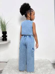 少女休闲水洗牛仔背心和牛仔裤两件套 - 中等水洗藍 - 查看 2