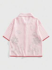 ROMWE MEN Street Life Áo thun dệt kim rỗng thêu hình cây dừa đi biển ngày lễ mùa hè cho nam - Màu Hồng baby - Xem 3