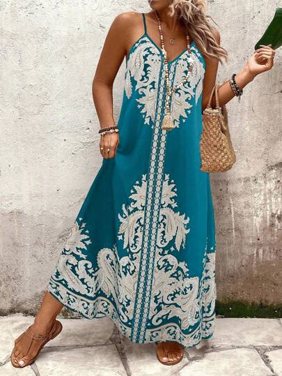 EMERY ROSE Plus Size Women's Loose Casual Sleeveless Midi Dress With Plus Size Floral Pattern, Suitable For Daily Wear And Holiday