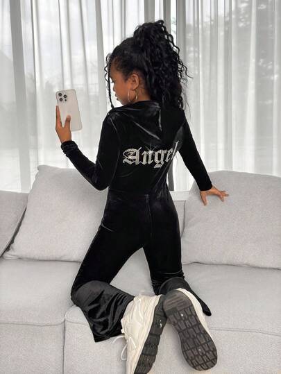 SHEIN Niña preadolescente Monos de terciopelo con capucha con cremallera en la espalda, con rinoestones y acampanados, look casual y a la moda para otoño e invierno, fin de semana, salida casual, fiesta de vacaciones, Halloween, Navidad