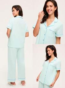 LUVLETTE Bộ đồ ngủ mùa hè mềm mại, 100% cotton nguyên chất, phối màu tương phản, tay ngắn, cài cúc đơn giản và quần dài, có túi, thoải mái ở nhà. - Màu xanh Bạc hà - Xem 2