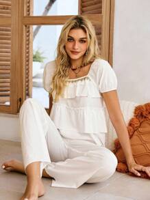 Lullawish Bohemian Elegant Lace Trim Layered Ruffle Women Pajama Set Babydoll Pajama Set