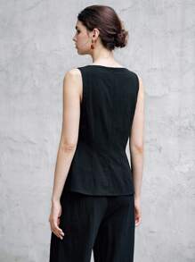 Chiquease Women's Simple Elegant Solid Color Notch Collar Ruffle Hem Sleeveless Blouse Clothes For University