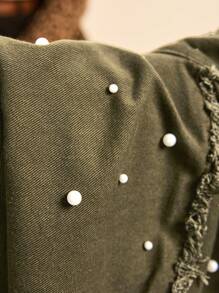 SHEIN LUNE Plus Pearls Beaded Drop Shoulder Raw Cut Coat Winter Fall Autumn - Army Green - View 8