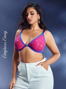 Empress Envy Plus Size Women Shiny Low Cut Bra & Wireless Bra Push Up Bra Glitter Bra Pink Bra