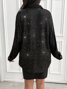 SHEIN Cottnline Women Solid Color Sequin Detailed Long Sleeve Blouses - Black - View 2