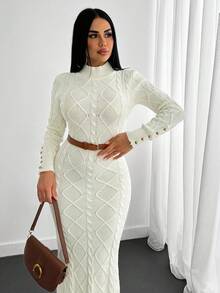 EURMUSE Women's Elegant And Fashionable Turtleneck Cable Knit Thick Short Sweater And Sweater Pant 2pcs Set Cream Knit Dress Cable Knit Dress White Knit Dress Fitted Knit Dress Elegant Knit Dress White Cable Knit Dress,Winter Dresses - White - View 4