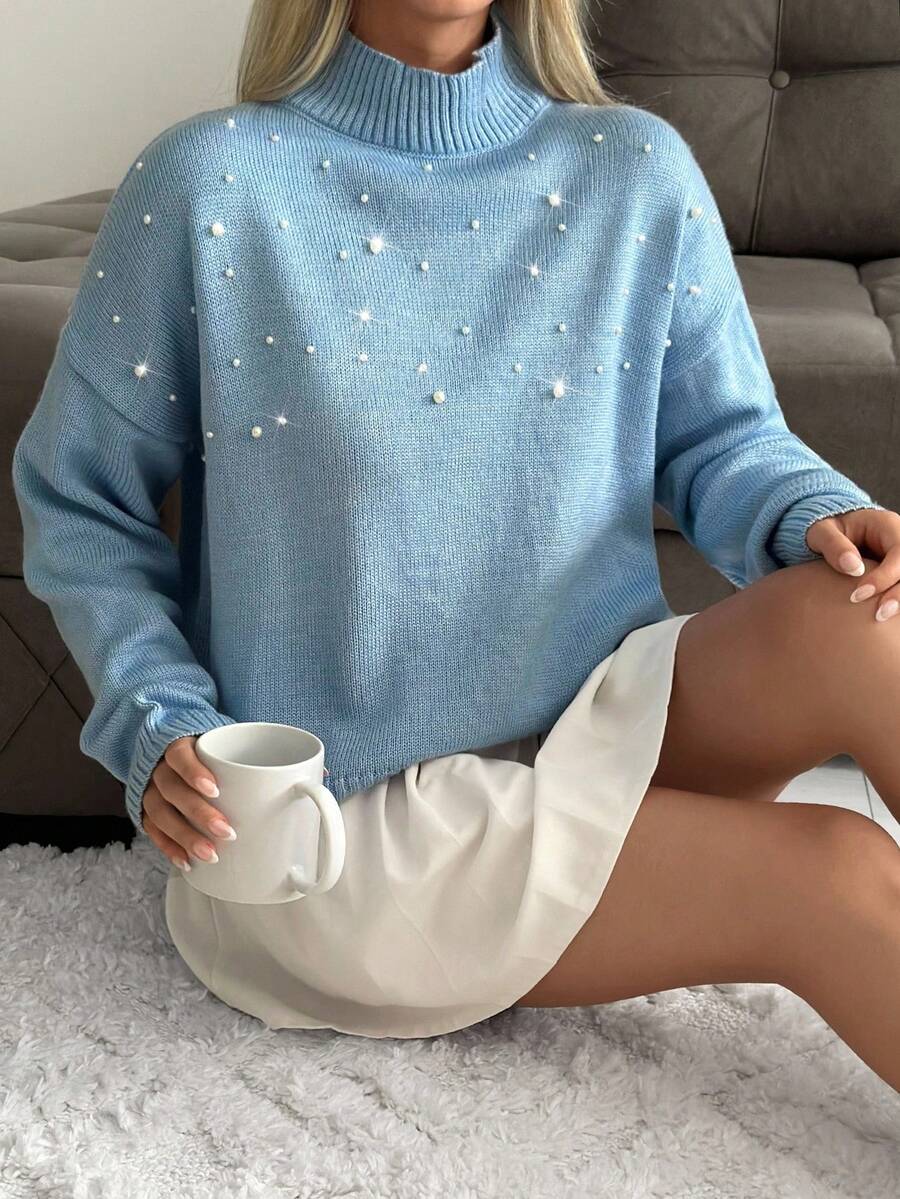 EURMUSE 柔软针织圆领毛衣，缀有散落的珍珠装饰 - 淺藍色 - 查看 1