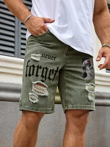 Manfinity LEGND 男式字母印花破洞休闲牛仔短裤，带口袋 - 橄欖綠 - 查看 6