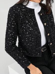Miaspire 女士秋冬长袖亮片休闲优雅针织夹克 - 黑色 - 查看 5