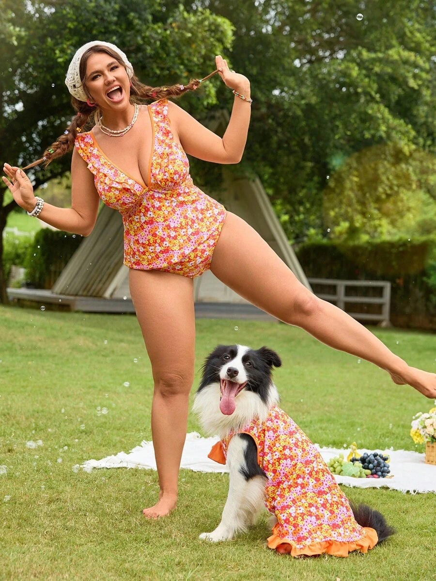 Swim Mod Plus Size 2pcs Floral Pattern Front Tie Neck Ruffle Hem Sweet Cute Women Tankini Bikini Set For Summer Beach Vacation