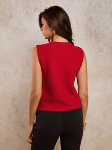 COSMINA Women's Casual Solid Color Knitted Vest With Tie - Red - View 2