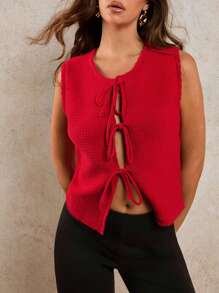 COSMINA Women's Casual Solid Color Knitted Vest With Tie - Red - View 9