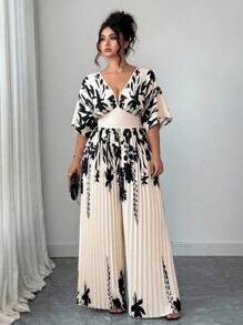 Elenzga 女式印花深V领蝙蝠袖褶皱优雅连体裤商务休闲夏季女装西装 - 彩色 - 查看 3