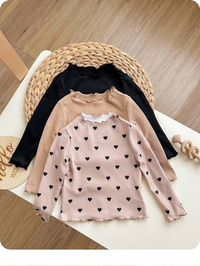 Bebé niña 3 piezas Set Top casual con patrón de corazón tejido manga larga