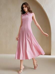 Anewsta 夏季新款优雅派对无袖马球领水钻缀饰女士长款连衣裙 - 粉色 - 查看 5