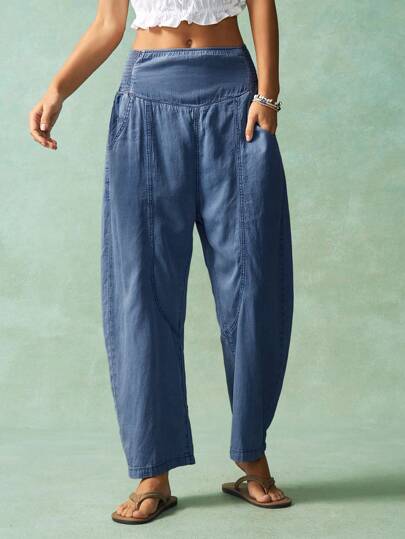 Bohemela Women's Vacation Casual Solid Color Flared Leg Pants Bohemian Pants Elastic Waist Pants