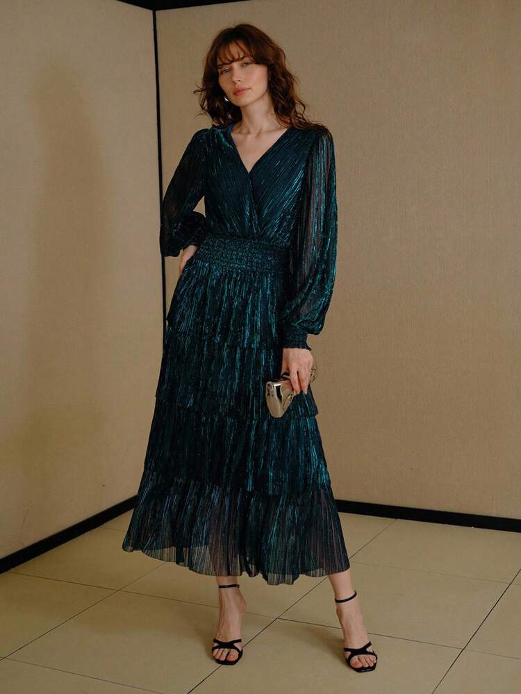 GLITTER SOLID SURPLICE NECK LANTERN SLEEVE SHIRRED WAIST TIERED HEM DRESS