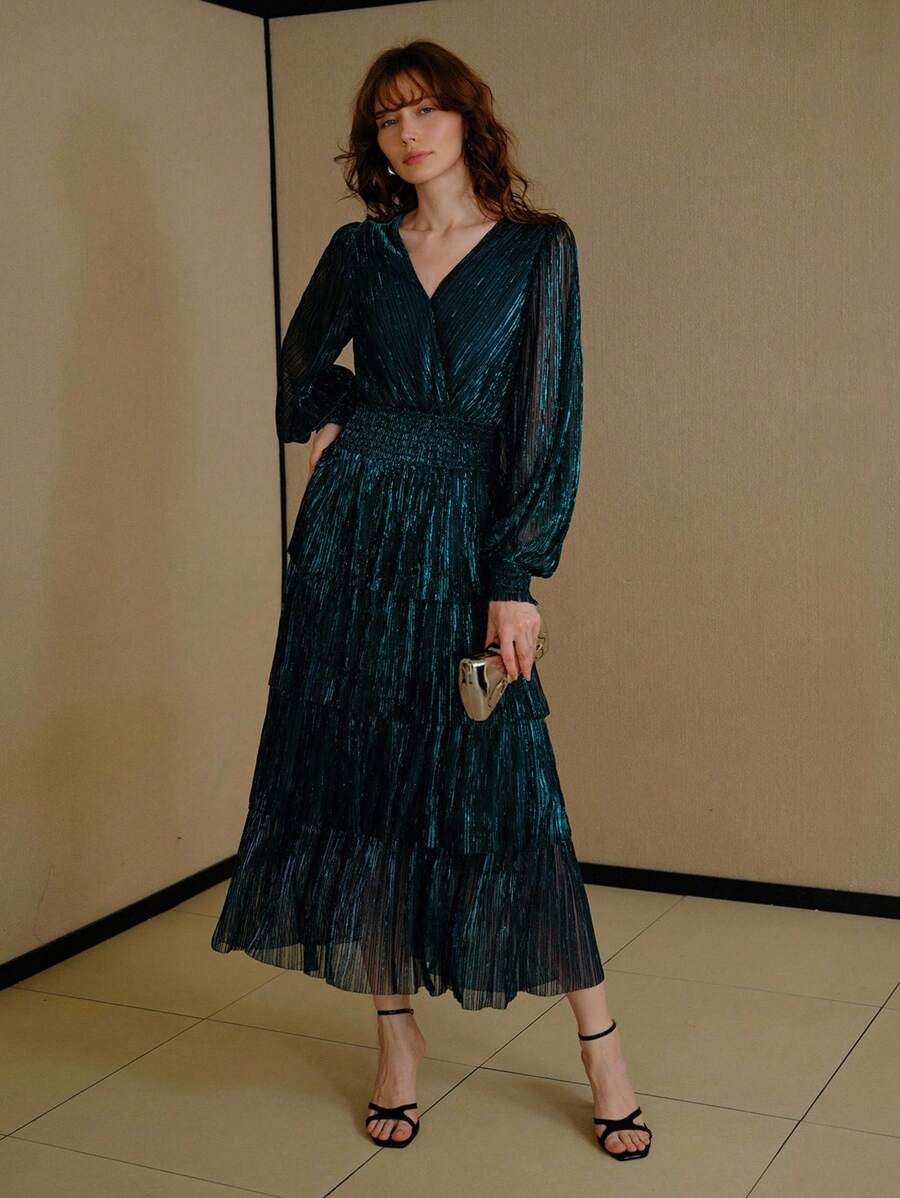 MOTF PREMIUM GLITTER SOLID SURPLICE NECK LANTERN SLEEVE SHIRRED WAIST TIERED HEM DRESS - Blue - View 1